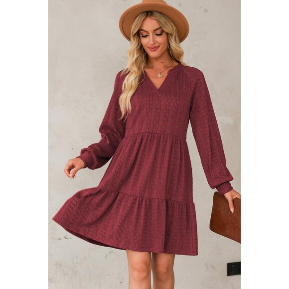 Women’s Fall V Neck Textured Ruffle A-Line Mini Dress Lightweight Casual - Picture 3 of 6
